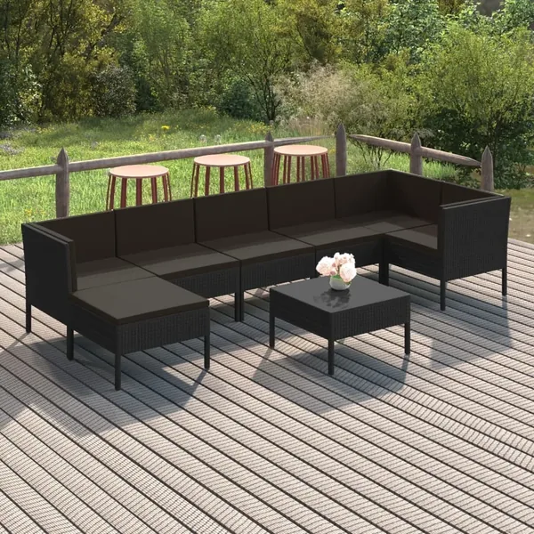 Salon de jardin 8 pcs avec coussins résine tressée noir