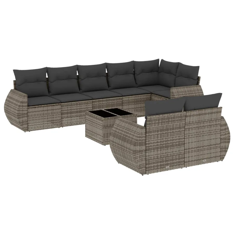 Salon de jardin 9 pcs avec coussins gris résine tressée - 2