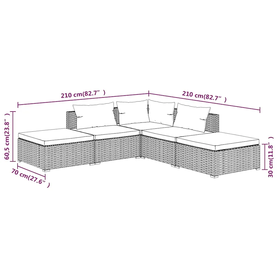 Salon de jardin 5 pcs avec coussins résine tressée marron - 6
