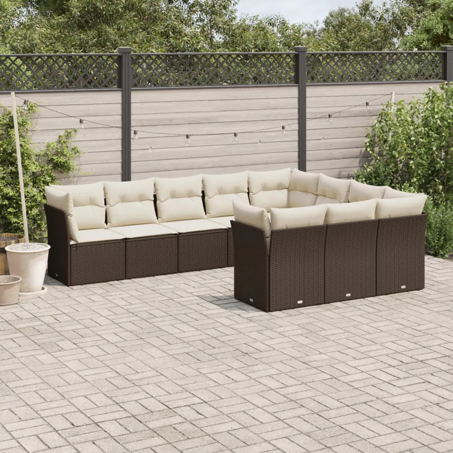 Salon de jardin 10 pcs avec coussins marron résine tressée