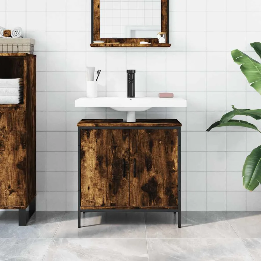 Armoire lavabo de salle de bain chêne fumé 60x30x60 cm - 3