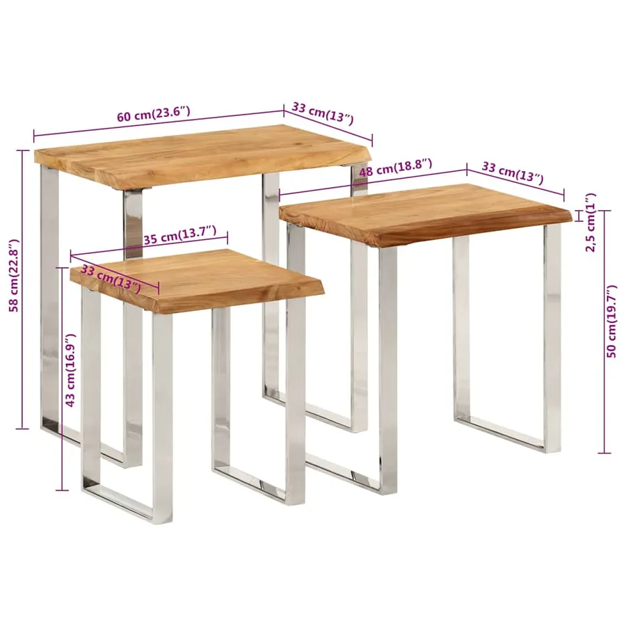 Tables gigognes 3 pcs avec bord vivant bois massif d'acacia - 9