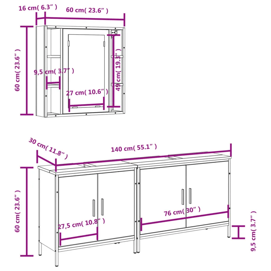 Ensemble d'armoires salle de bain 3 pcs noir bois d'ingénierie - 13