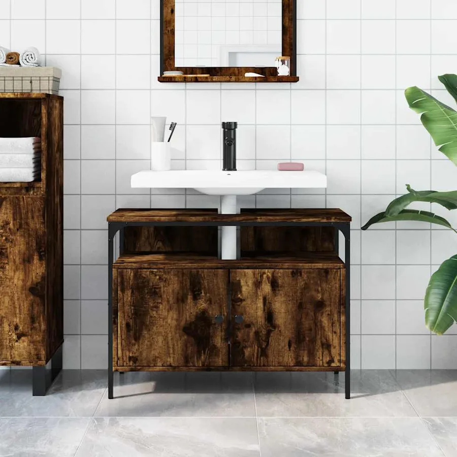 Armoire lavabo de salle de bain chêne fumé 80x30x60 cm - 3