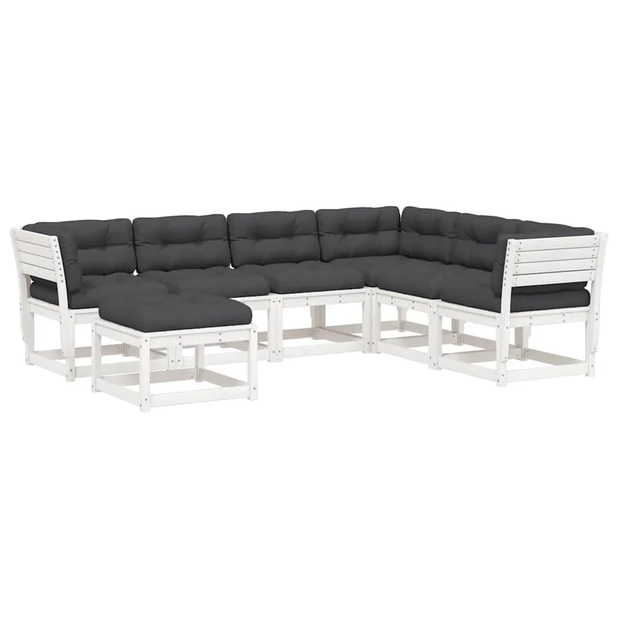 Salon de jardin 7 pcs avec coussins blanc bois de pin massif - 2