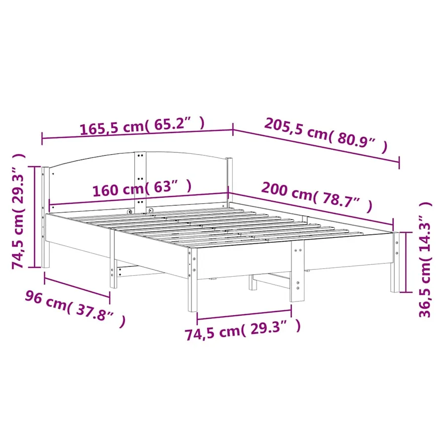 Cadre de lit sans matelas blanc 160x200 cm bois de pin massif - 9