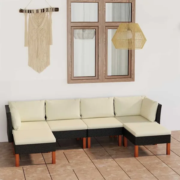 Salon de jardin 6 pcs avec coussins Résine tressée Noir