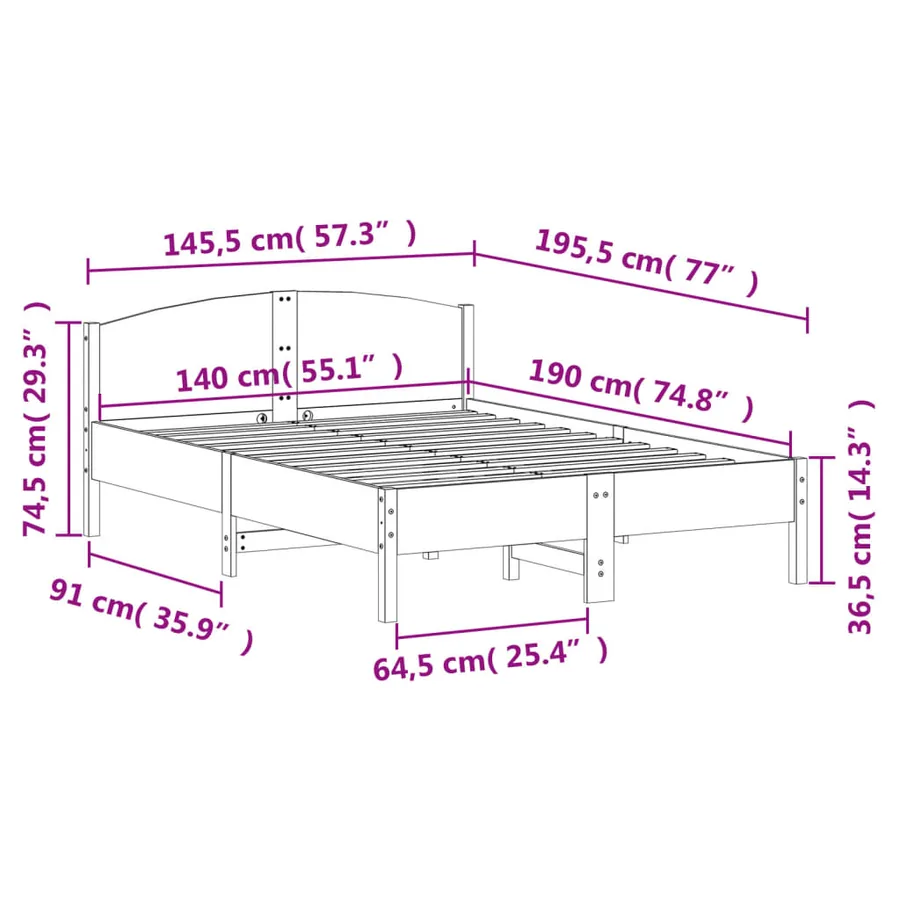 Cadre de lit sans matelas 140x190 cm bois de pin massif - 9