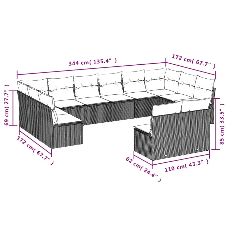 Salon de jardin 12 pcs avec coussins noir résine tressée - 3