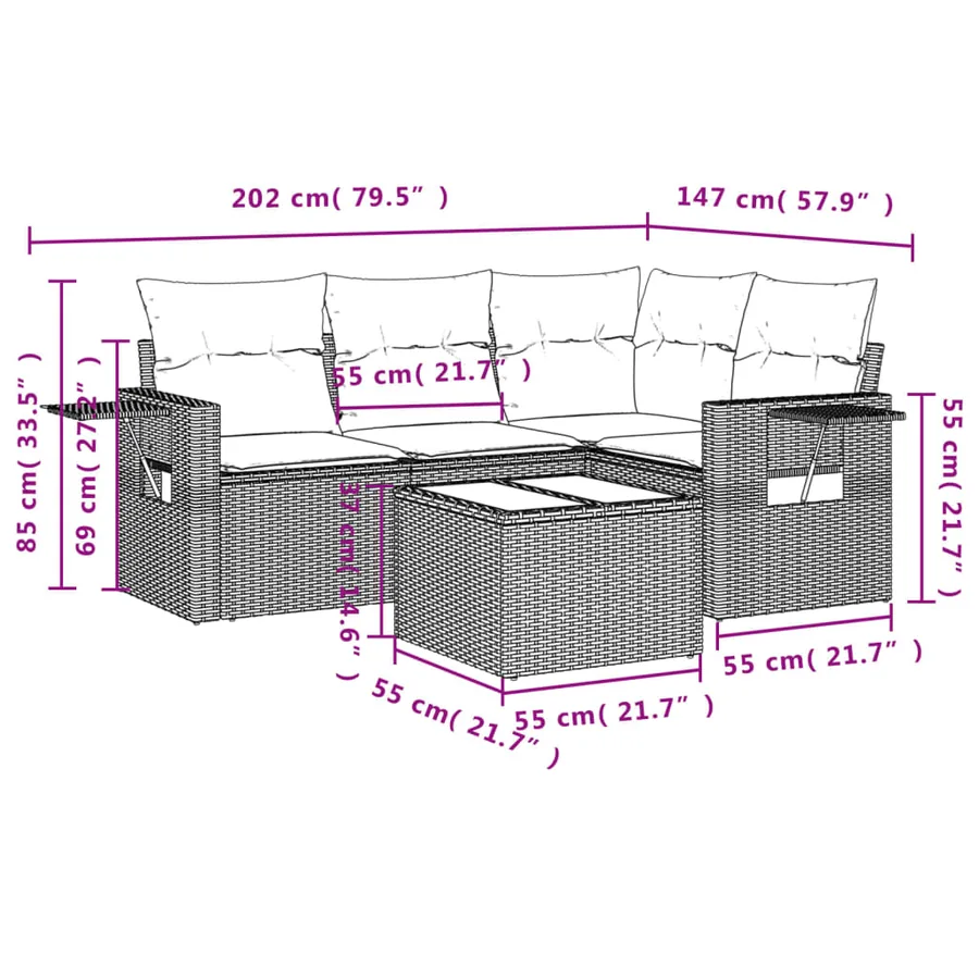 Salon de jardin avec coussins 5 pcs beige résine tressée - 3