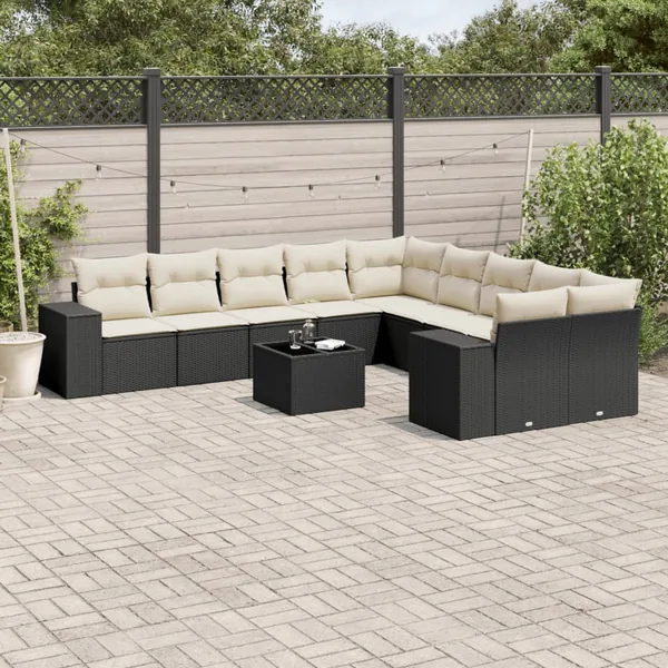 Salon de jardin 11 pcs avec coussins noir résine tressée