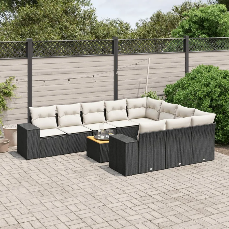 Salon de jardin 11 pcs avec coussins noir résine tressée