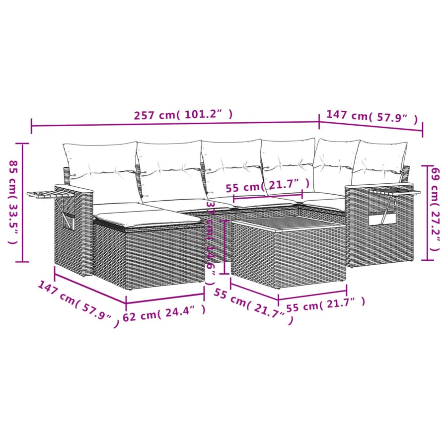 Salon de jardin avec coussins 7 pcs beige résine tressée - 3