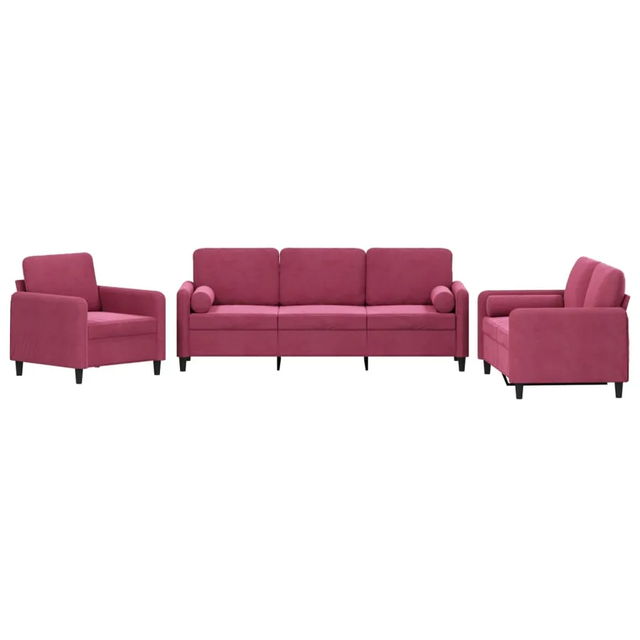 Ensemble de canapés 3 pcs avec coussins rouge bordeaux velours - 2