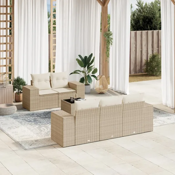 Salon de jardin avec coussins 6 pcs beige résine tressée