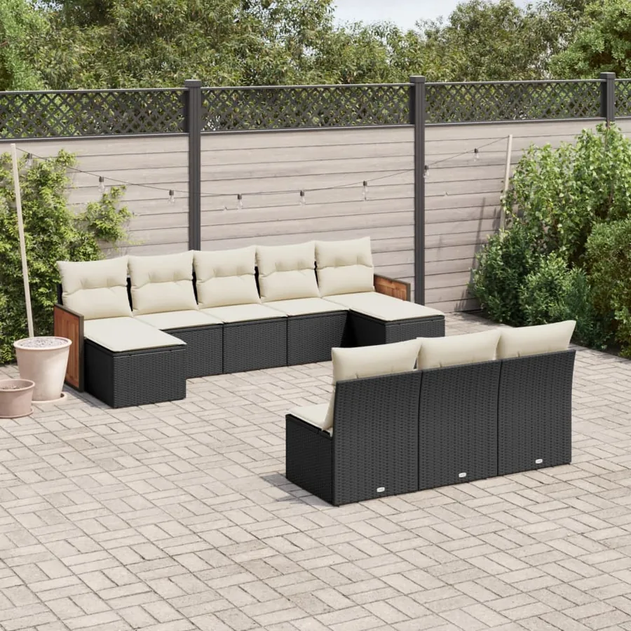 Salon de jardin 10 pcs avec coussins noir résine tressée