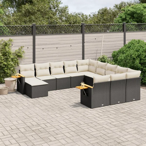Salon de jardin 11 pcs avec coussins noir résine tressée