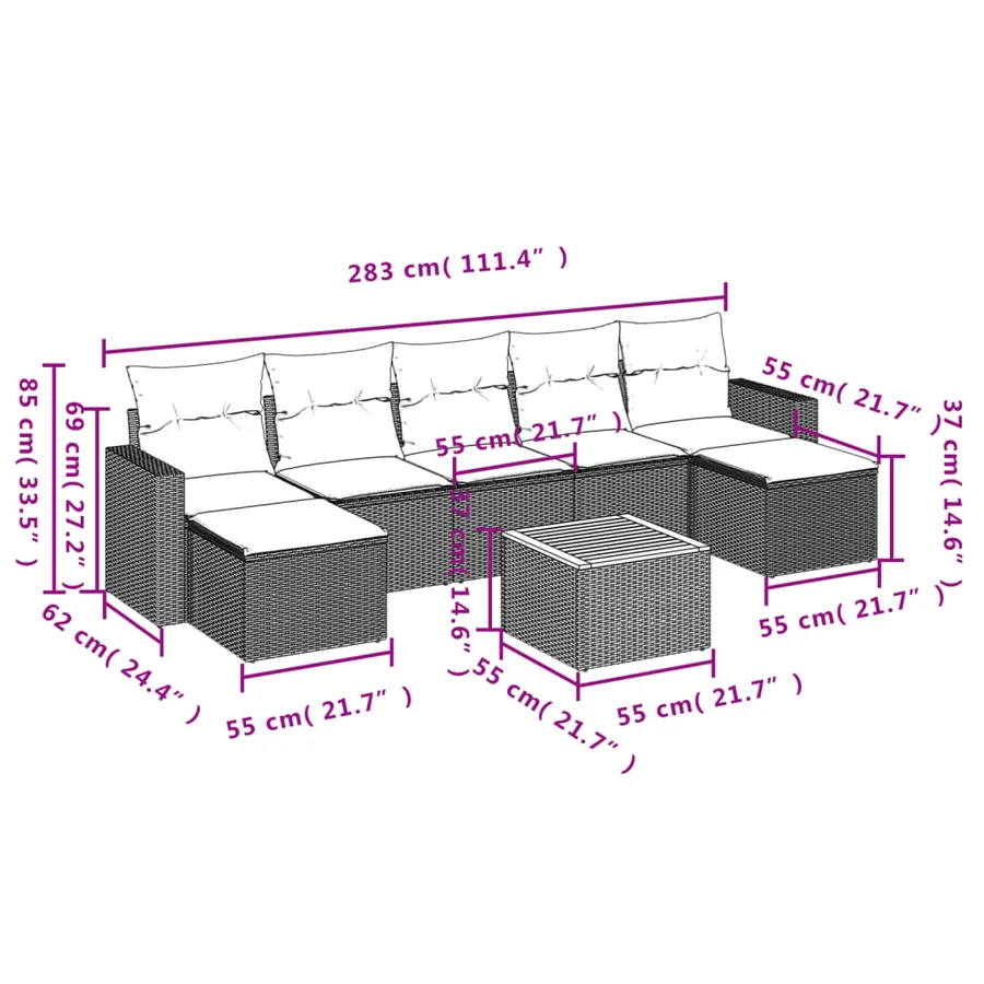 Salon de jardin 8 pcs avec coussins noir résine tressée - 11