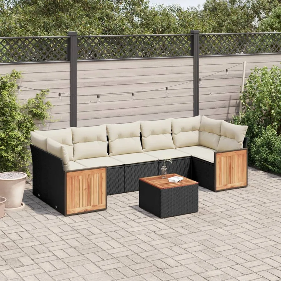 Salon de jardin 8 pcs avec coussins noir résine tressée