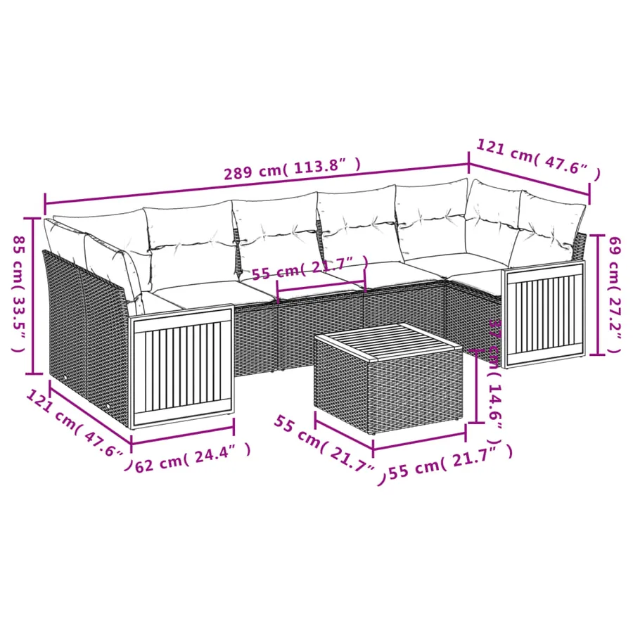 Salon de jardin 8 pcs avec coussins noir résine tressée - 3