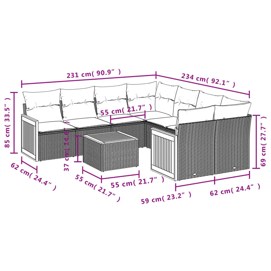 Salon de jardin avec coussins 9 pcs beige résine tressée - 3