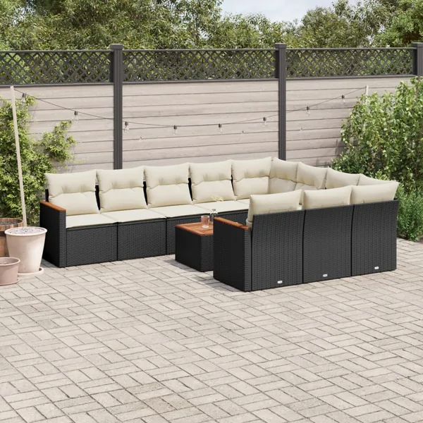 Salon de jardin 11 pcs avec coussins noir résine tressée