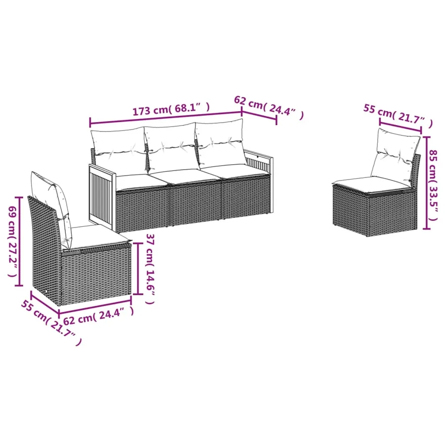 Salon de jardin 5 pcs avec coussins noir résine tressée - 3