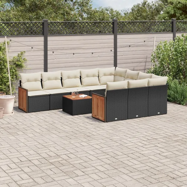 Salon de jardin 11 pcs avec coussins noir résine tressée
