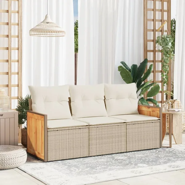 Salon de jardin avec coussins 3 pcs beige résine tressée