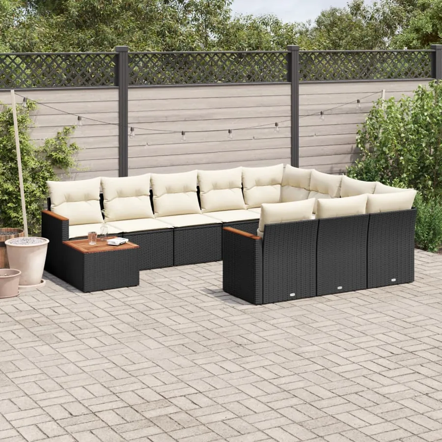 Salon de jardin 11 pcs avec coussins noir résine tressée