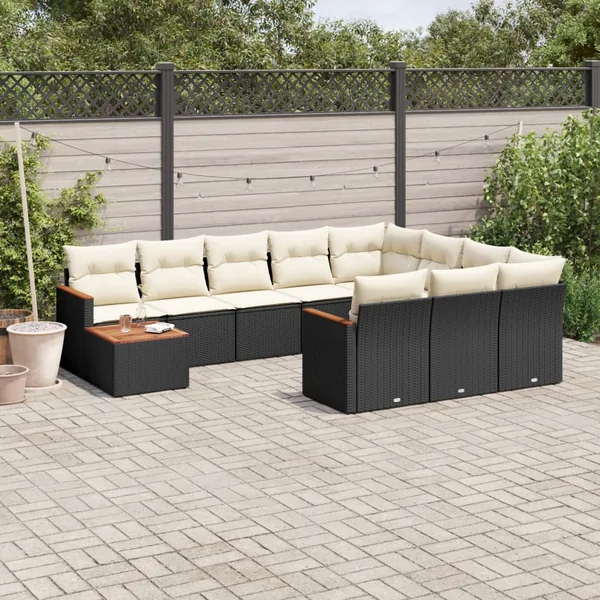 Salon de jardin 11 pcs avec coussins noir résine tressée