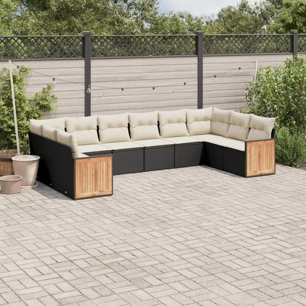 Salon de jardin 10 pcs avec coussins noir résine tressée