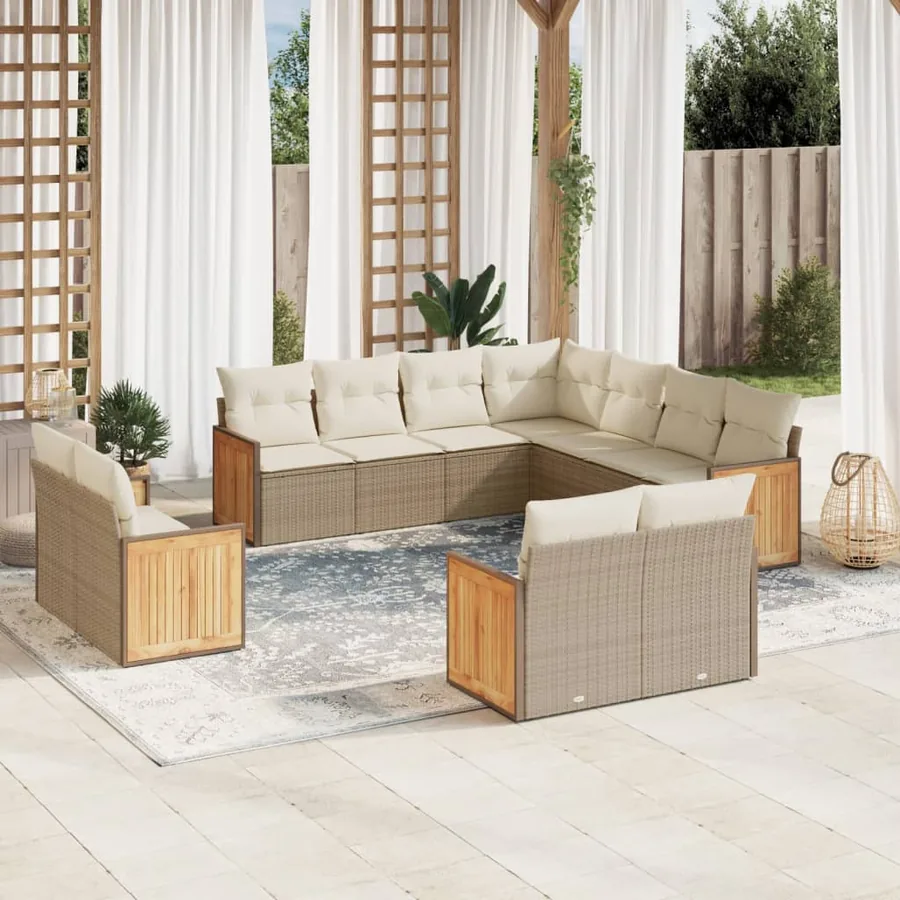 Salon de jardin 11 pcs avec coussins beige résine tressée