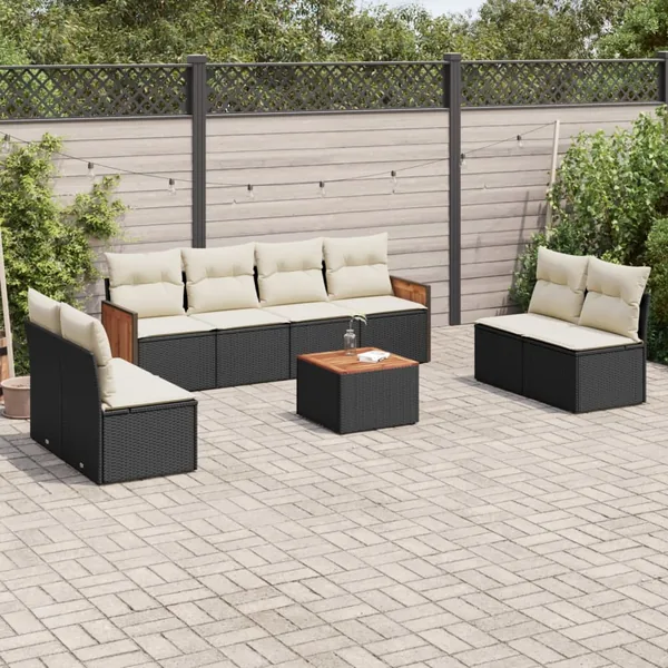 Salon de jardin 9 pcs avec coussins noir résine tressée