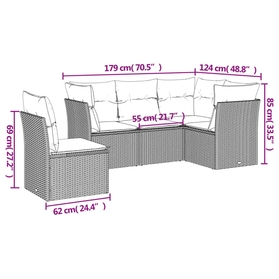 Salon de jardin avec coussins 5 pcs marron résine tressée - 3