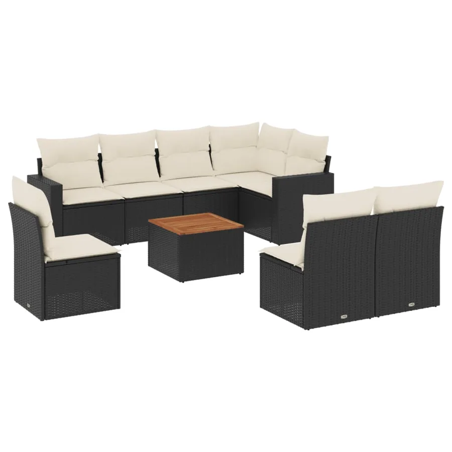 Salon de jardin 9 pcs avec coussins noir résine tressée - 2