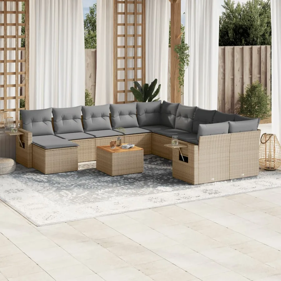 Salon de jardin et coussins 12 pcs mélange beige résine tressée