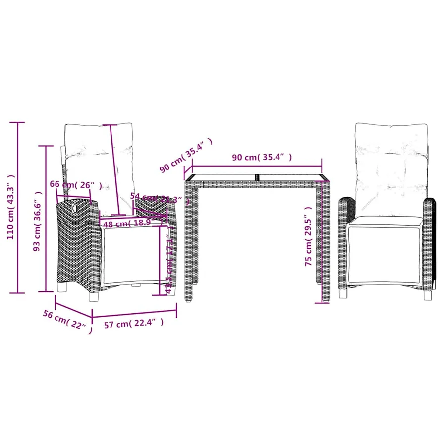 Ensemble à manger de jardin avec coussins 3 pcs Noir - 9