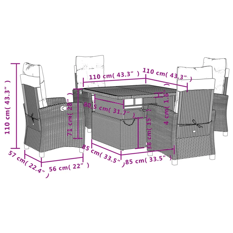 Ensemble à manger de jardin 5 pcs coussins gris résine tressée - 8