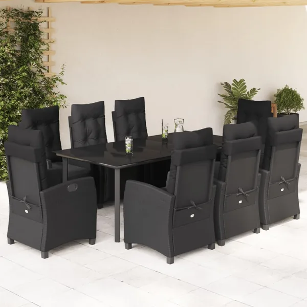 Ensemble à manger de jardin 9pcs coussins noir résine tressée
