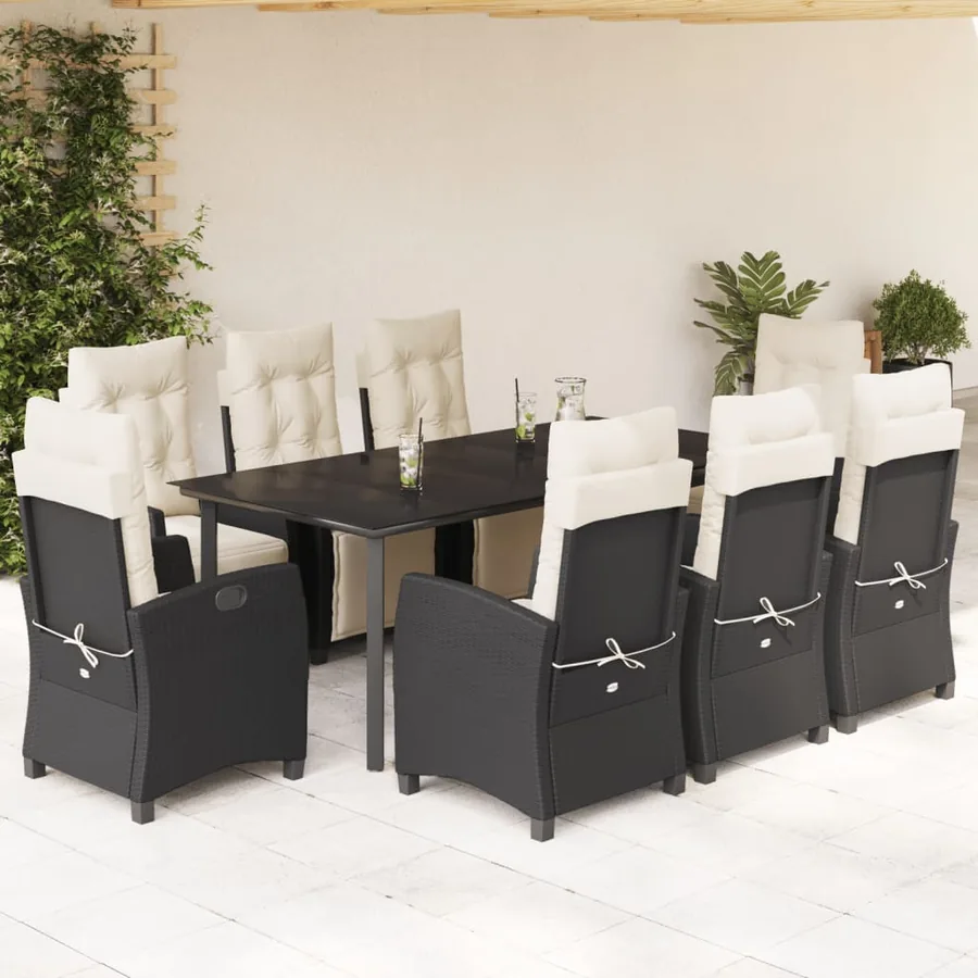 Ensemble à manger de jardin 9pcs coussins noir résine tressée