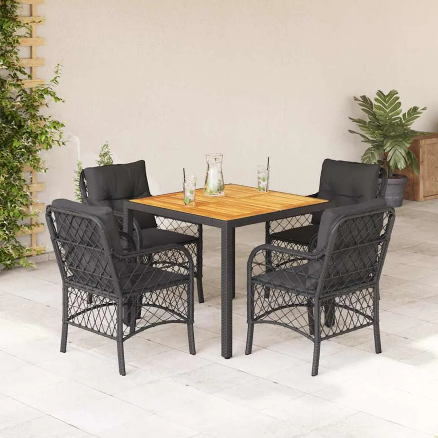 Ensemble à manger de jardin coussins 5pcs Noir Résine tressée