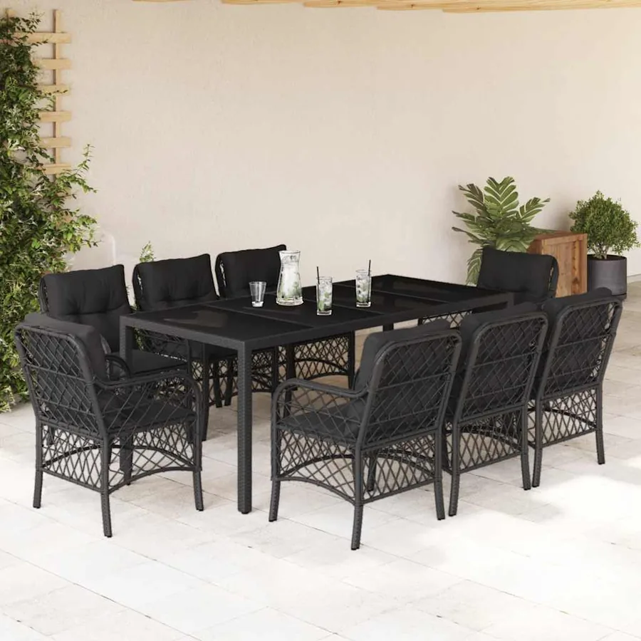 Ensemble à manger de jardin 9pcs coussins noir résine tressée