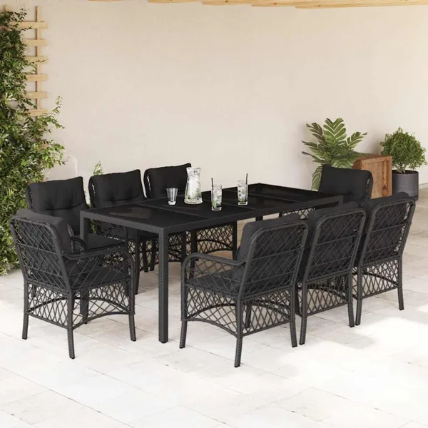 Ensemble à manger de jardin 9pcs coussins noir résine tressée