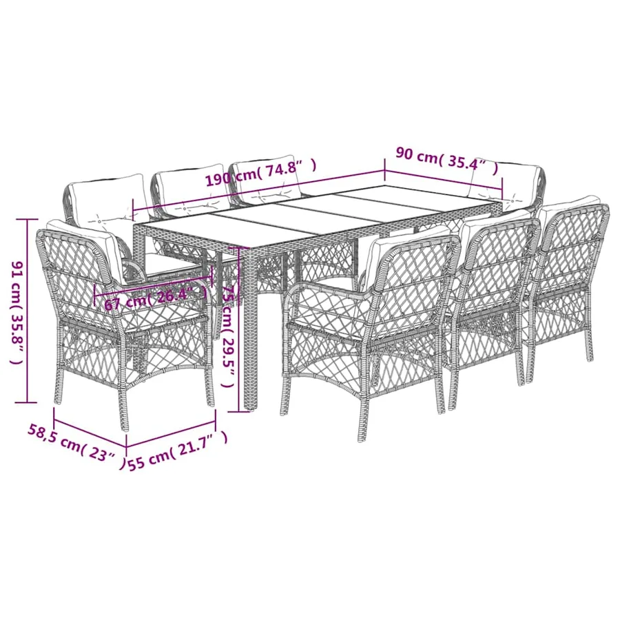 Ensemble à manger de jardin 9pcs coussins noir résine tressée - 7