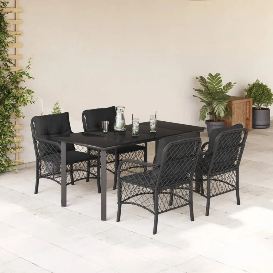 Ensemble à manger de jardin coussins 5pcs Noir Résine tressée