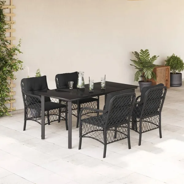 Ensemble à manger de jardin coussins 5pcs Noir Résine tressée