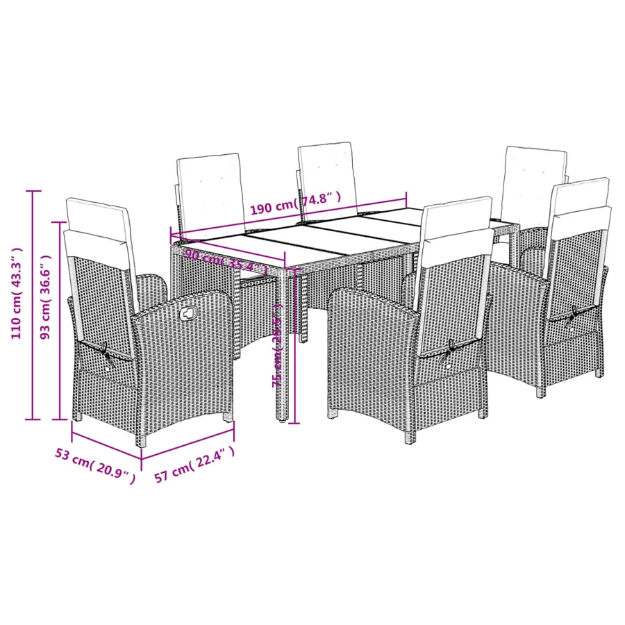 Ensemble à manger de jardin coussins 7pcs Noir Résine tressée - 9