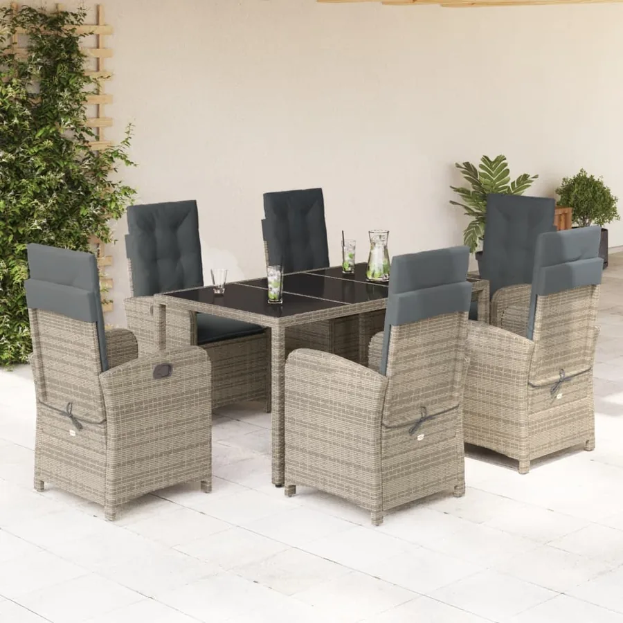 Ensemble à manger de jardin et coussins 7 pcs gris rotin