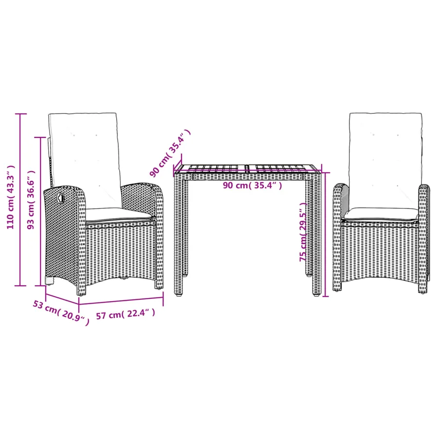 Ensemble à manger de jardin avec coussins 3 pcs Noir - 9